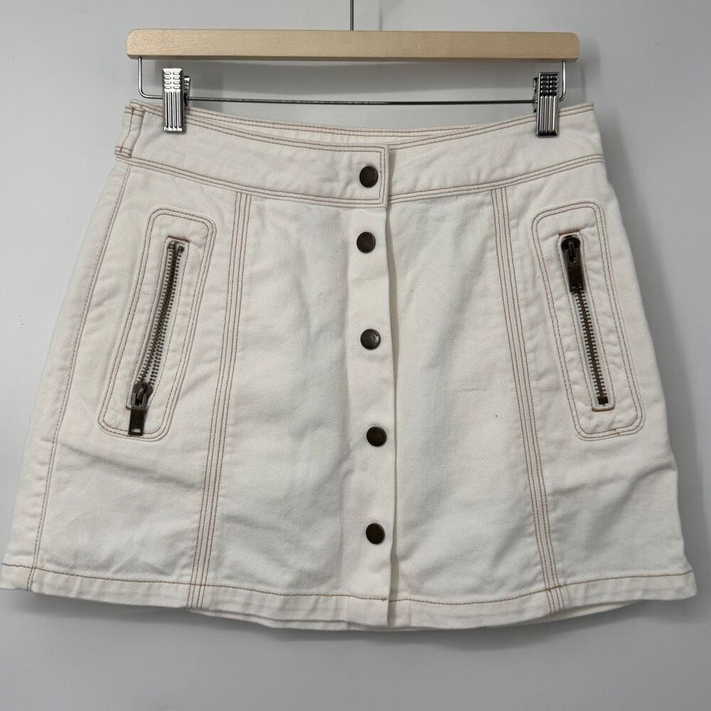 Reiss White Cream Hailey Denim Button Front Zip Pocket A-Line Mini Skirt Size 10
